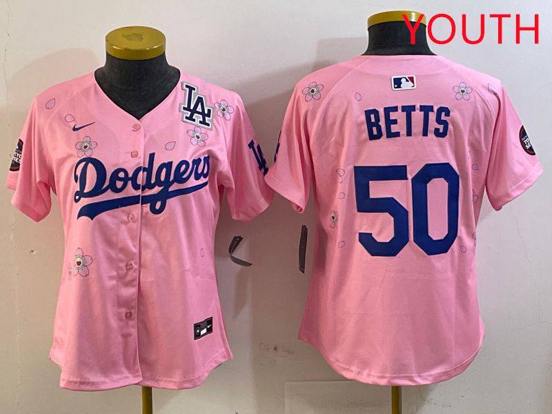 Youth Los Angeles Dodgers #50 Betts Pink Sakura Edition 2025 Nike MLB Jersey style 8->youth mlb jersey->Youth Jersey